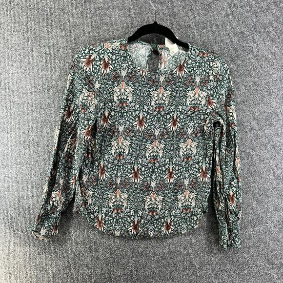 H&M Shirt Womens 2 Blue Floral Bohemian Blouse Chambray Morris & Co Hippie - Picture 1 of 8